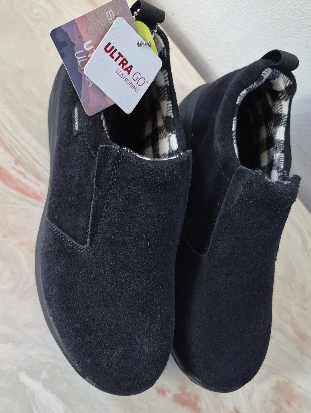 Skechers Kids Black Slip-On Suede Slippers with Plaid Lining